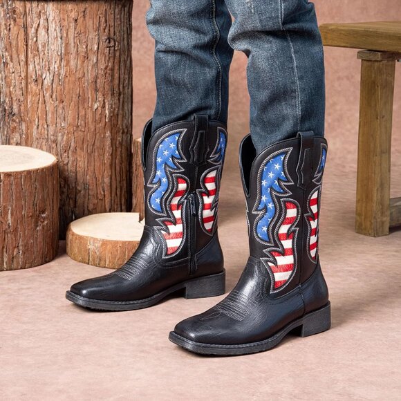 Men\'s Black 1 Western Boot Side Zipper American Flag Retro Square Toe Mid-Calf